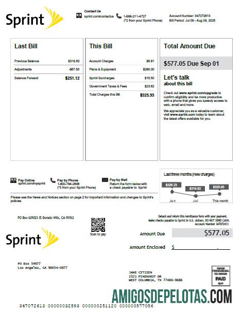 Em branco modelo de fatura de serviços públicos Sprint dos EUA em formatos Word e PDF, versão 3